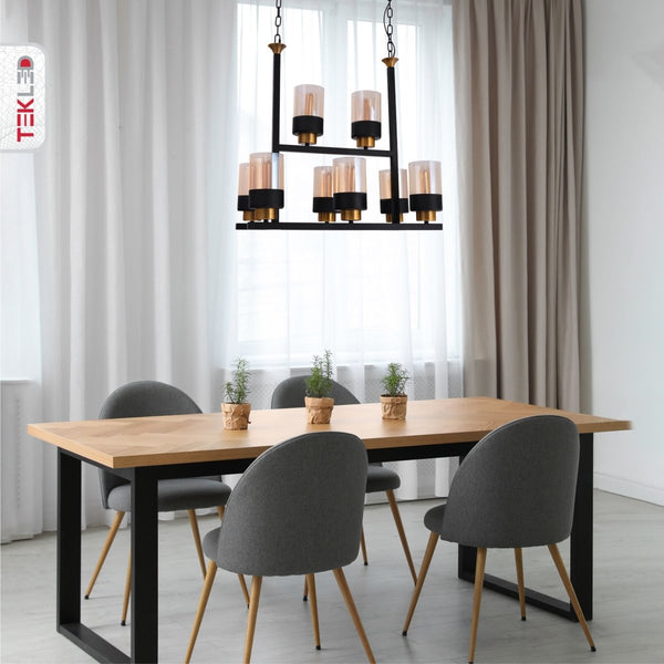 Amber Cylinder Glass Black Metal Chandelier Ceiling Light 8xE27