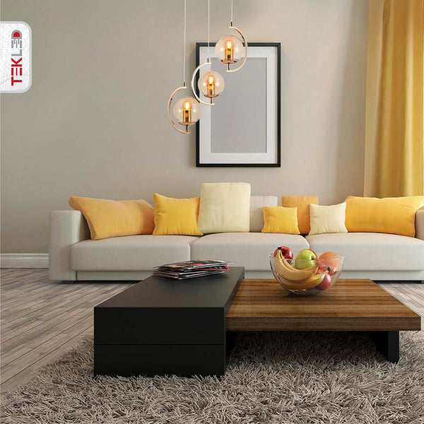 Amber or Smoky Glass Globe Crescent Gold or Chrome Metal Modern Ceiling Pendant Light