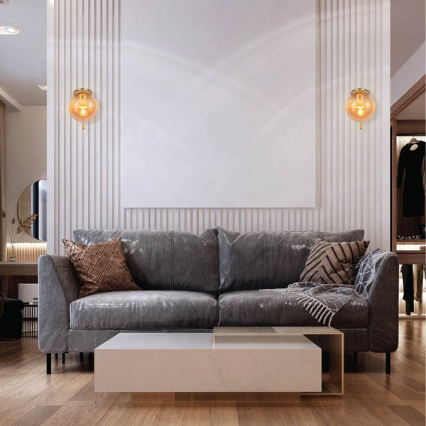 Amber Globe Glass Gold Ellipse Metal Body Modern Wall Light with Pull Down Switch E27 Fitting