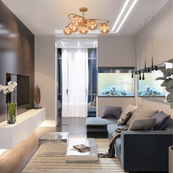 Amber Globe Glass Gold Ellipse Metal Body Semi Flush Modern Ceiling Light with E27 Fittings