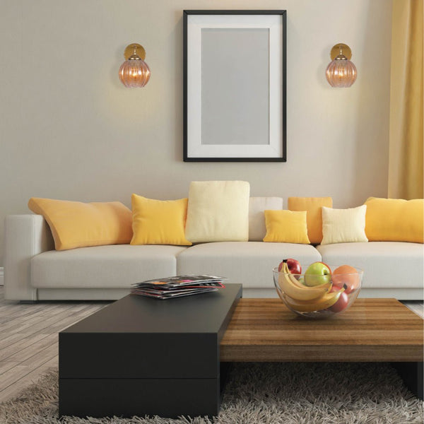 Reeded Glass Wall Light with Pull Down Switch E27 Fitting