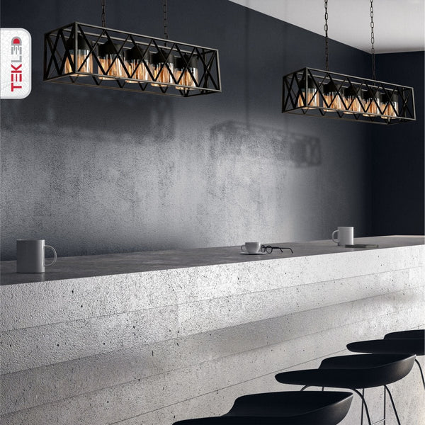 Black Caged Metal Amber Cylinder Glass Island Chandelier Ceiling Light 5xE27