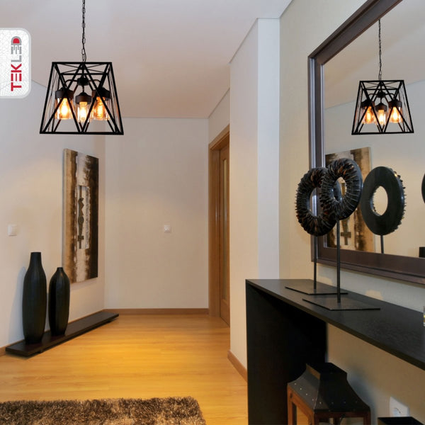 Black Metal Body Amber Cylinder Glass Cage Cuboid Chandelier Ceiling Light 3xE27
