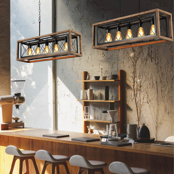 Black Metal Cage Old Wood Cuboid Kitchen Island Chandelier Ceiling Light 5xE27