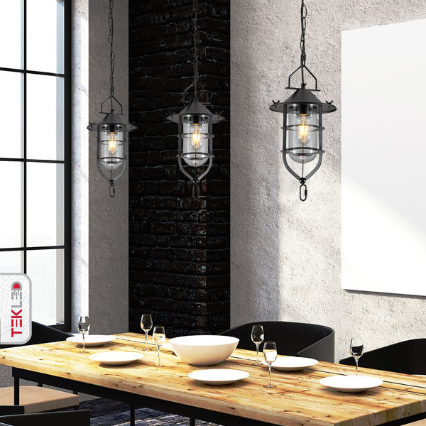 Black Nautical Industrial Caged Flat Shade Small Glass Metal Ceiling Pendant Light E27 Fitting