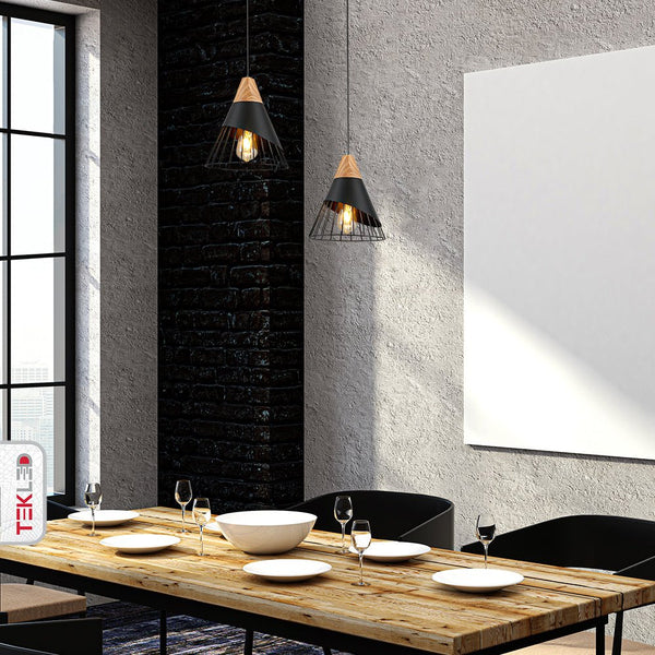 Black Wood Funnel Cone Caged Shuttlecock Nordic Metal Ceiling Pendant Light E27 Fitting