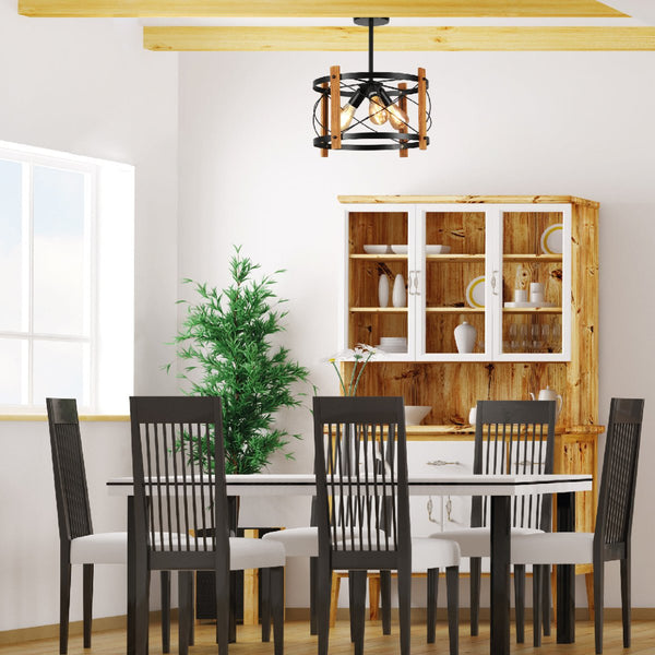 Caged Candle Industrial Retro Round Pendant Ceiling Light 3xE27 Wood Black Finishing