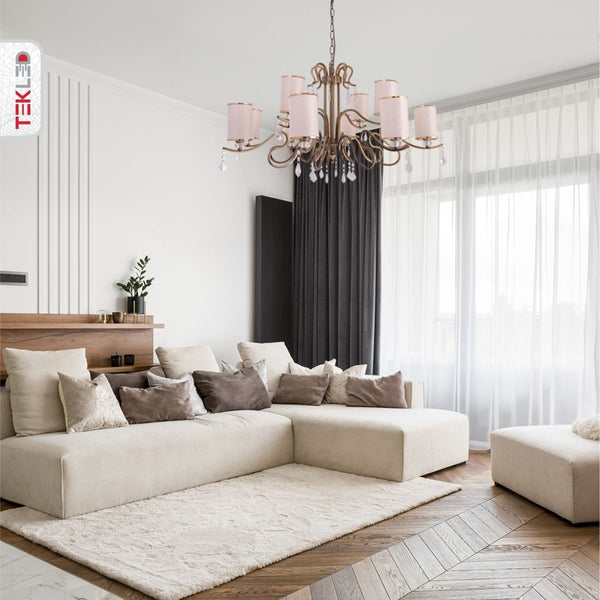 Cream Shade Antique Brass Metal Arm Ceiling Chandelier Light with Pendeloque Crystals E14