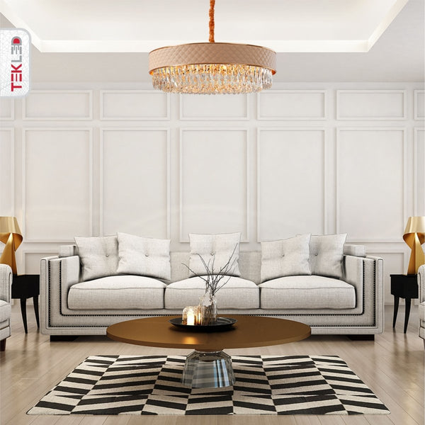 Black or Cream Leather Shade Gold Metal Body Crystal Chandelier Ceiling Light E14
