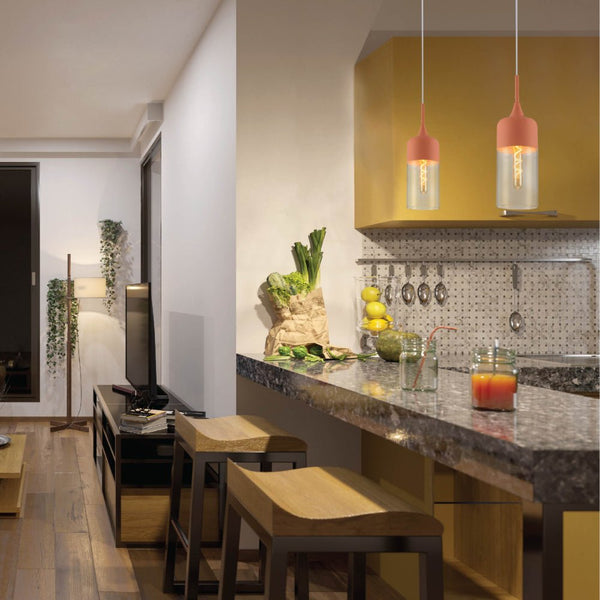Macaron Salmon Pink-Olive Green-Mustard Yellow Cylinder Glass Pendant Ceiling Light E27 Fitting