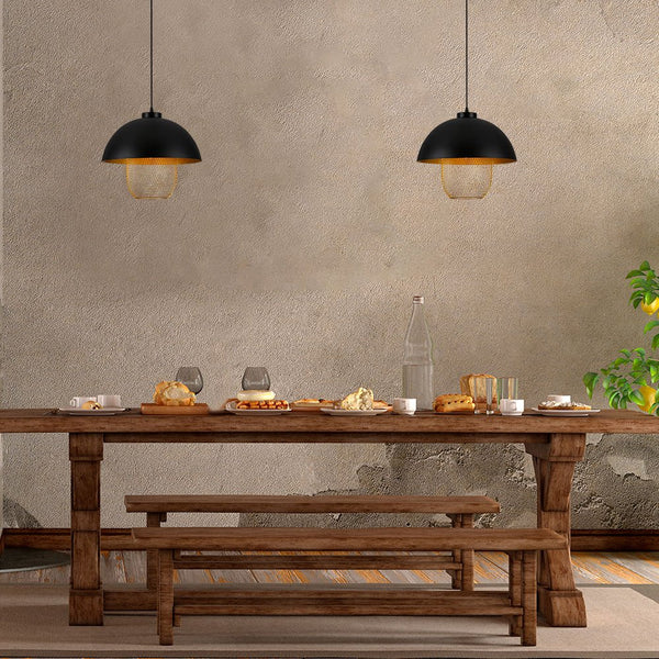 Matte Gold Caged Shade with Black Dome Top Pendat Ceiling Light E27 Fitting