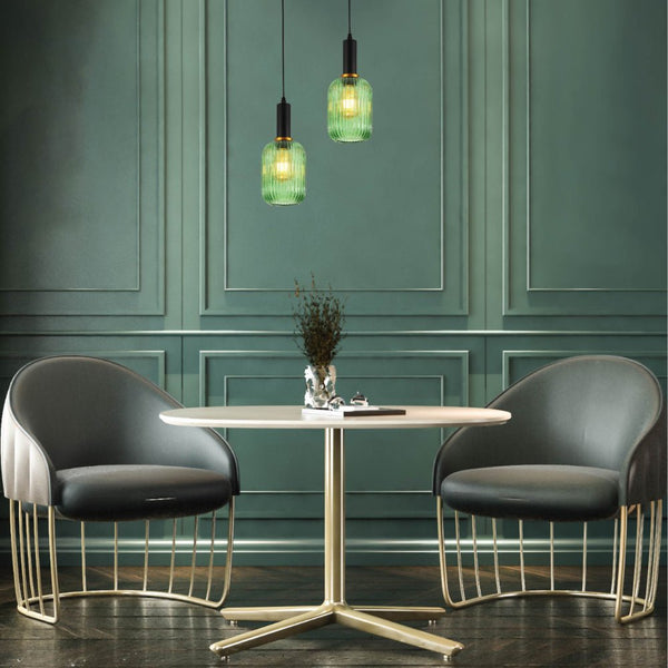Sawyer Ribbed Fluted Reeded Maloto Lantern Green Glass Pendant Ceiling Light E27 Black Metal Top
