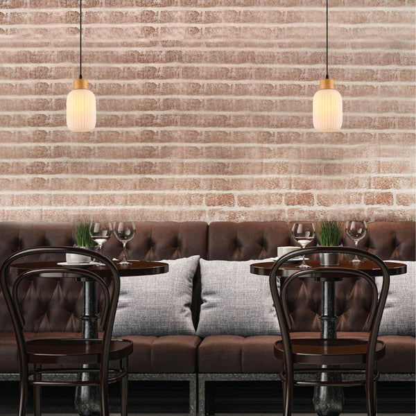 Sawyer Ribbed Fluted Reeded Maloto Lantern Opal Glass Pendant Ceiling Light E27 Wood Top