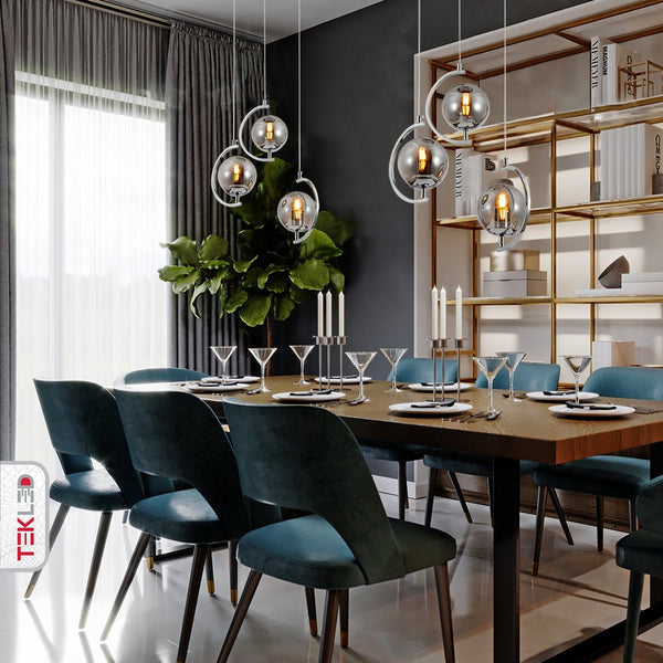 Amber or Smoky Glass Globe Crescent Gold or Chrome Metal Modern Ceiling Pendant Light