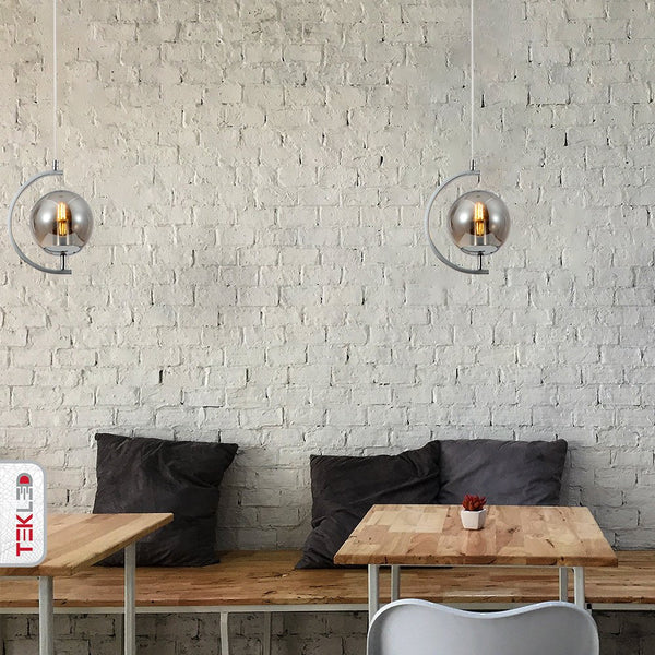Amber or Smoky Glass Globe Crescent Gold or Chrome Metal Modern Ceiling Pendant Light