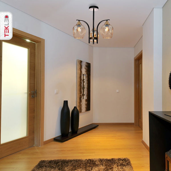 Snowdrop Amber Glass Black Body Semi Flush Ceiling Light E27