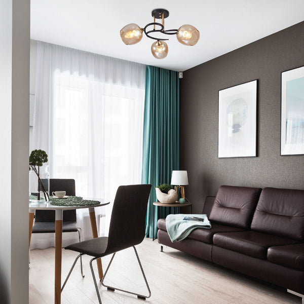 Amber Bell Glass Black Gold Metal Semi Flush Ceiling Light