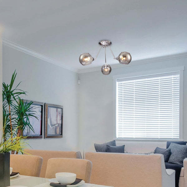Smoky Cut-out Globe Glass Hinged Chrome Metal Semi Flush Ceiling Light