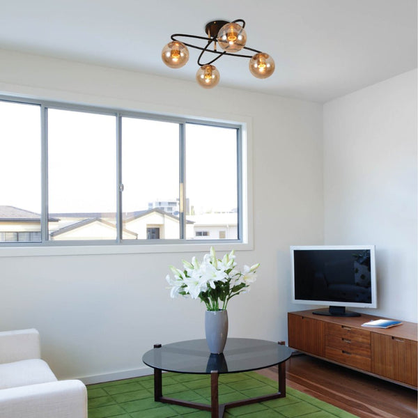 Amber Globe Glass Black Ellipse Metal Modern Semi Flush Ceiling Light E27