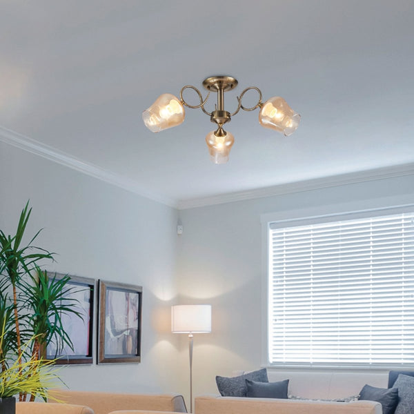 Amber Bell Glass Antique Brass Metal Semi Flush Ceiling Light