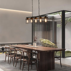 Industrial Cage Pendant Light - Rectangular 5-Shade Linear Chandelier with Wood Accents