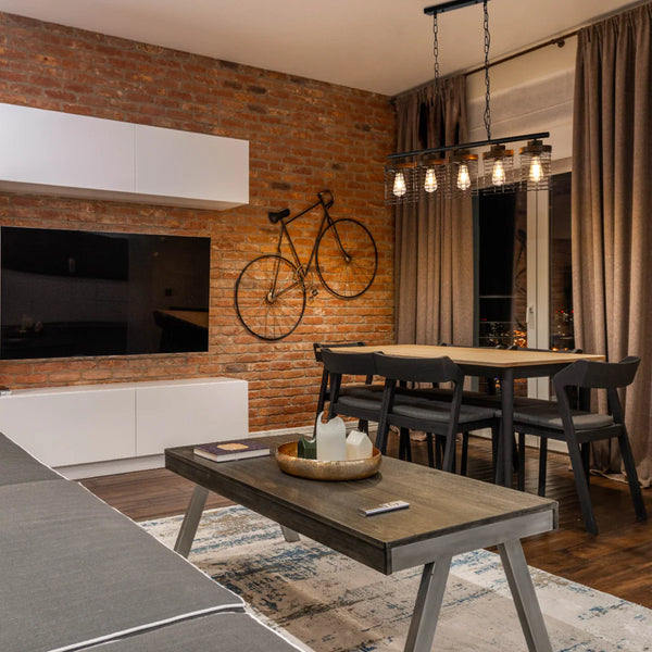 Industrial Cage Pendant Light - Rectangular 5-Shade Linear Chandelier with Wood Accents