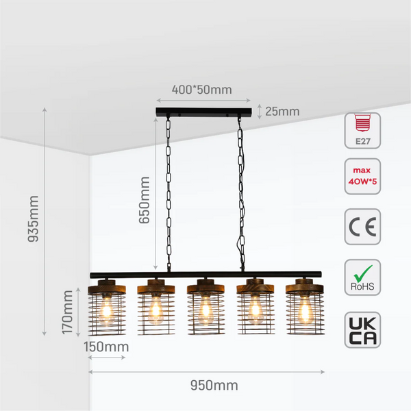 Industrial Cage Pendant Light - Rectangular 5-Shade Linear Chandelier with Wood Accents