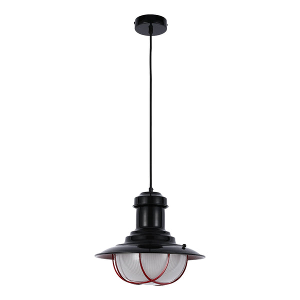 Industrial Cage Pendant Lights - Antique Brass and Black with Red Detailing