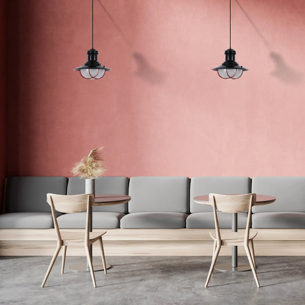 Industrial Cage Pendant Lights - Antique Brass and Black with Red Detailing