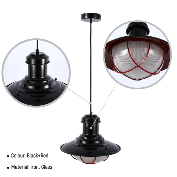 Industrial Cage Pendant Lights - Antique Brass and Black with Red Detailing