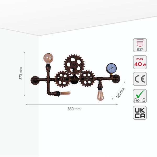 Industrial Design Valve Pipe Gauge Gear Metal Wall Light with 3xE27 Fitting