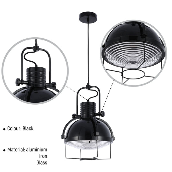 Industrial Dome Pendant Light with Caged Textured Glass