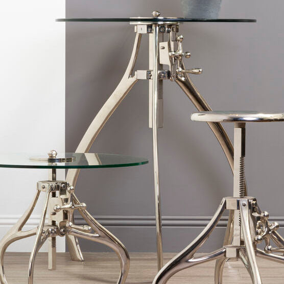 Nickel Finish Crank Mechanism Height Adjustable Table with Clear Glass Top | Maxi