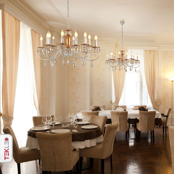 Amber Crystal Gold and White Metal Arm Ceiling Chandelier Light E14