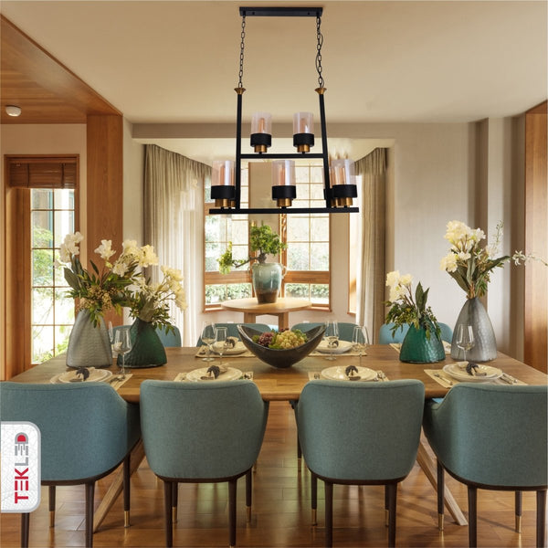 Amber Cylinder Glass Black Metal Chandelier Ceiling Light 8xE27