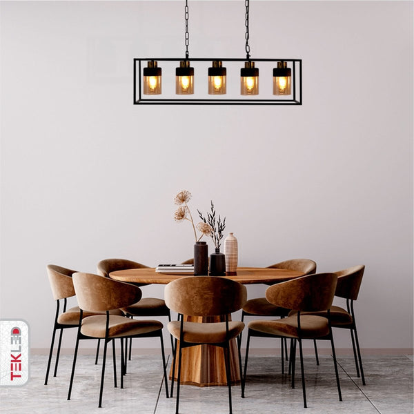 Amber Glass Black Metal Body Island Chandelier Ceiling Light 5xE27