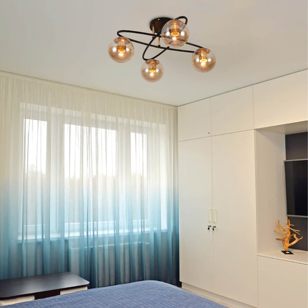 Amber Globe Glass Black Ellipse Metal Modern Semi Flush Ceiling Light E27