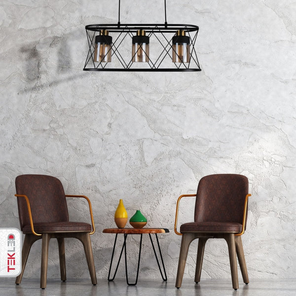 Black Cage Metal Amber Cylinder Glass Island Chandelier Ceiling Light 3xE27s