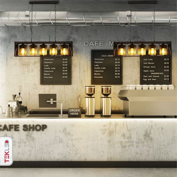 Black Caged Metal Amber Cylinder Glass Island Chandelier Ceiling Light 5xE27