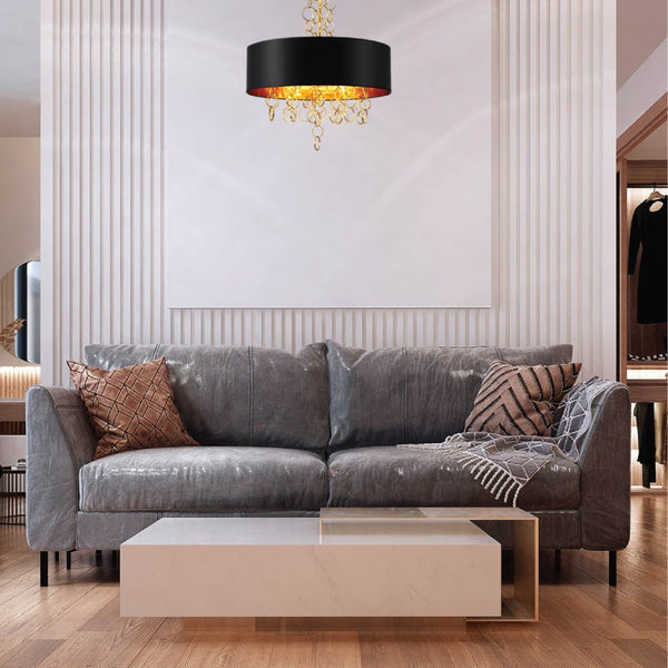 Black Copper Fabric Drum Shade Gold Ring Chandelier Ceiling Light