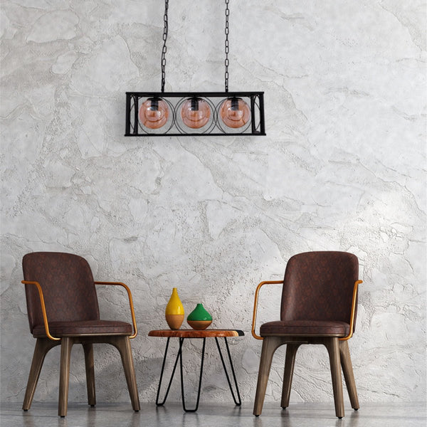 Black Cuboid Metal Amber Globe Glass Island Chandelier Ceiling Light 3xE27