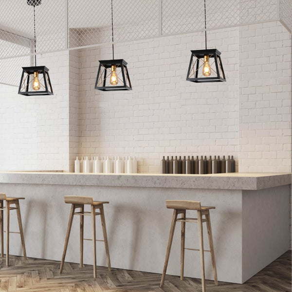 Black Gold Caged Industrial Retro Square Pendant Ceiling Light E27
