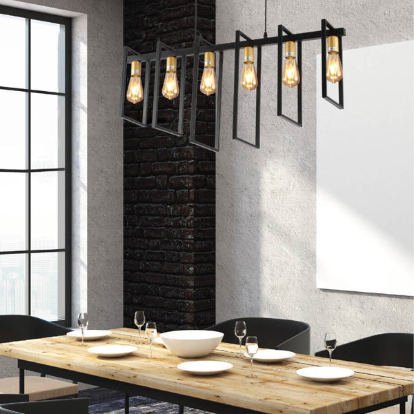 Black Metal Body Cage Modern Kitchen island Chandelier Ceiling Light with Gold 6xE27 Fittings