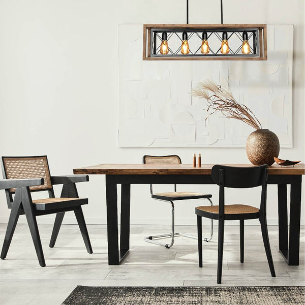 Black Metal Cage Old Wood Cuboid Kitchen Island Chandelier Ceiling Light 5xE27