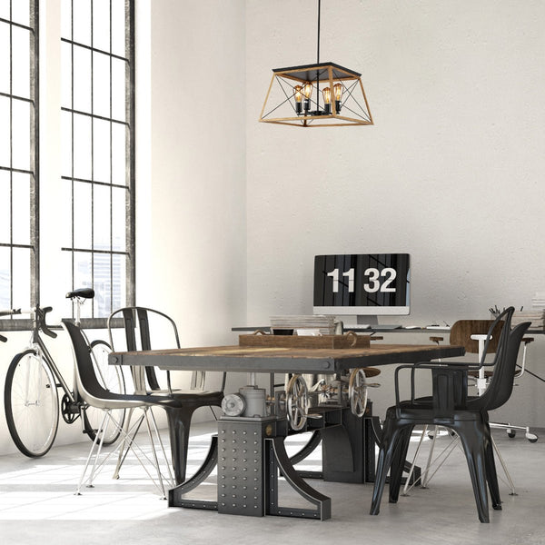 Wood And Black Caged Candle Industrial Kitchen Island Retro Square Pendant Ceiling Light 4xE27