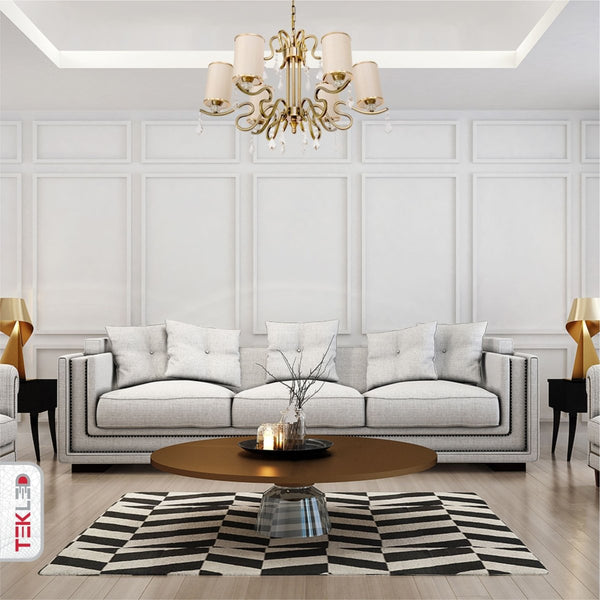 Cream Shade Antique Brass Metal Arm Ceiling Chandelier Light with Pendeloque Crystals E14