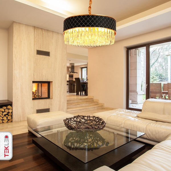 Black or Cream Leather Shade Gold Metal Body Crystal Chandelier Ceiling Light E14
