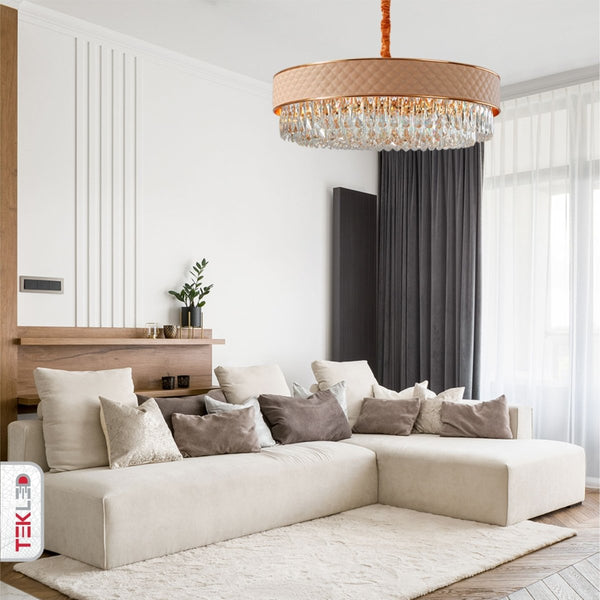 Black or Cream Leather Shade Gold Metal Body Crystal Chandelier Ceiling Light E14