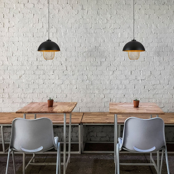 Matte Gold Caged Shade with Black Dome Top Pendat Ceiling Light E27 Fitting