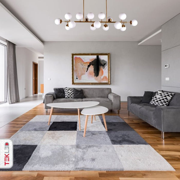 Modern Molecule Style Amber Smoky Opal Glass Globe Gold Black Metal Body Island Chandelier Ceiling Light